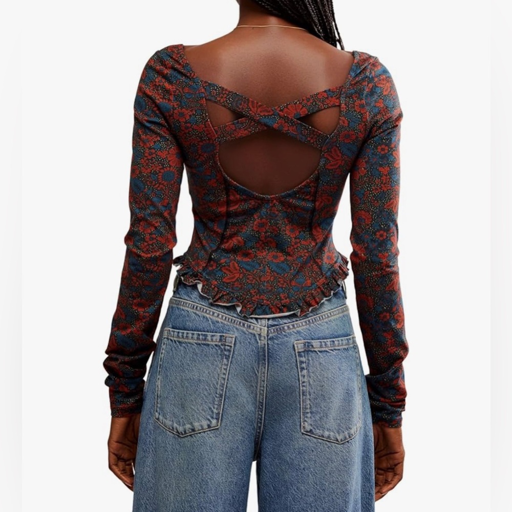 Free‎ People Floral Melanie Long Sleeve Top Criss Cross Back Boho Sz XS Blue Red